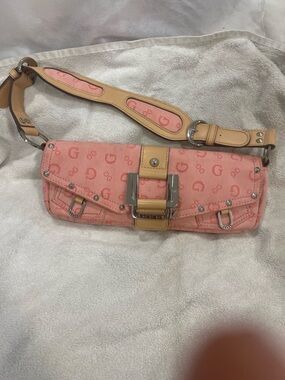 Guess Pink Logo Shoulder Bag with Tan Trim